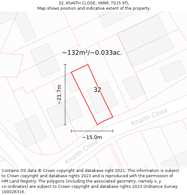 32, KNAITH CLOSE, YARM, TS15 9TL: Plot and title map