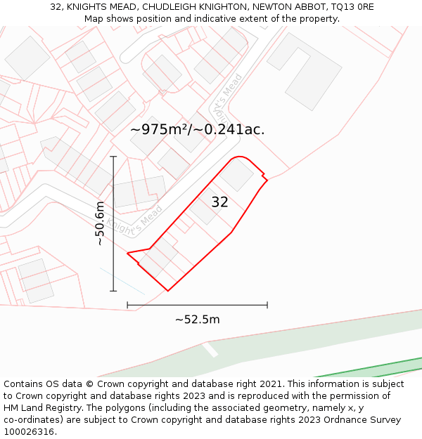 32, KNIGHTS MEAD, CHUDLEIGH KNIGHTON, NEWTON ABBOT, TQ13 0RE: Plot and title map