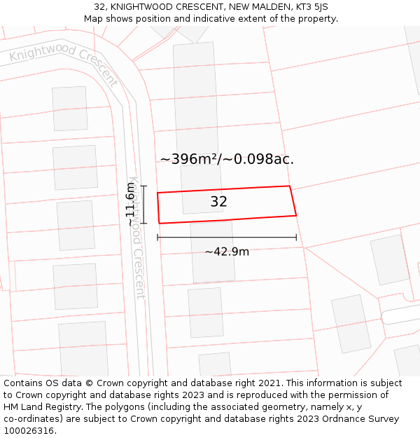 32, KNIGHTWOOD CRESCENT, NEW MALDEN, KT3 5JS: Plot and title map