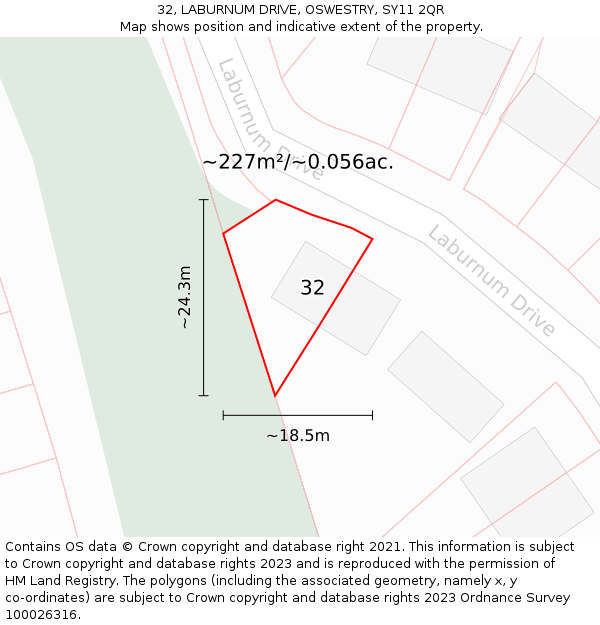 32, LABURNUM DRIVE, OSWESTRY, SY11 2QR: Plot and title map