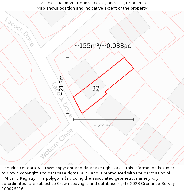 32, LACOCK DRIVE, BARRS COURT, BRISTOL, BS30 7HD: Plot and title map