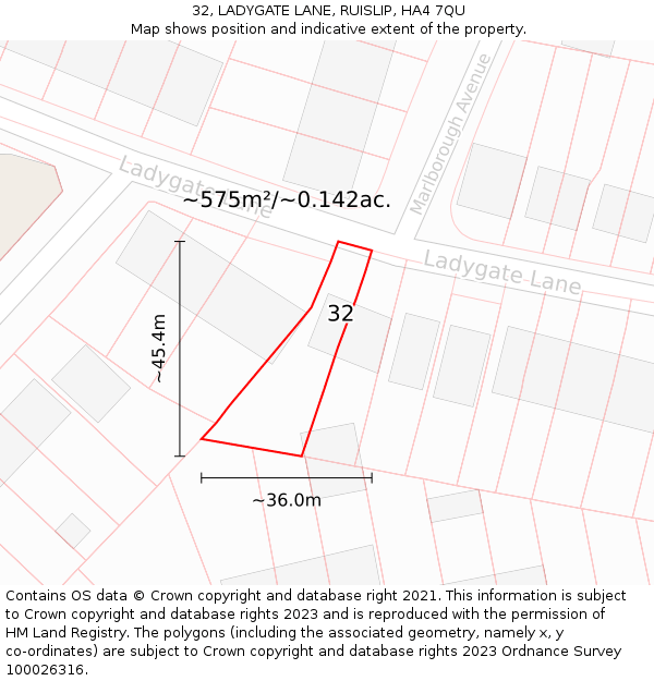 32, LADYGATE LANE, RUISLIP, HA4 7QU: Plot and title map