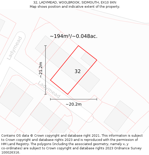32, LADYMEAD, WOOLBROOK, SIDMOUTH, EX10 9XN: Plot and title map