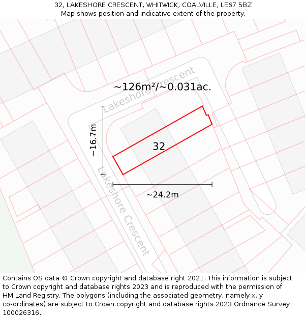 32, LAKESHORE CRESCENT, WHITWICK, COALVILLE, LE67 5BZ: Plot and title map
