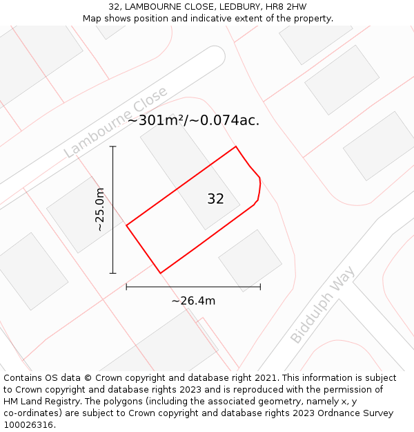 32, LAMBOURNE CLOSE, LEDBURY, HR8 2HW: Plot and title map