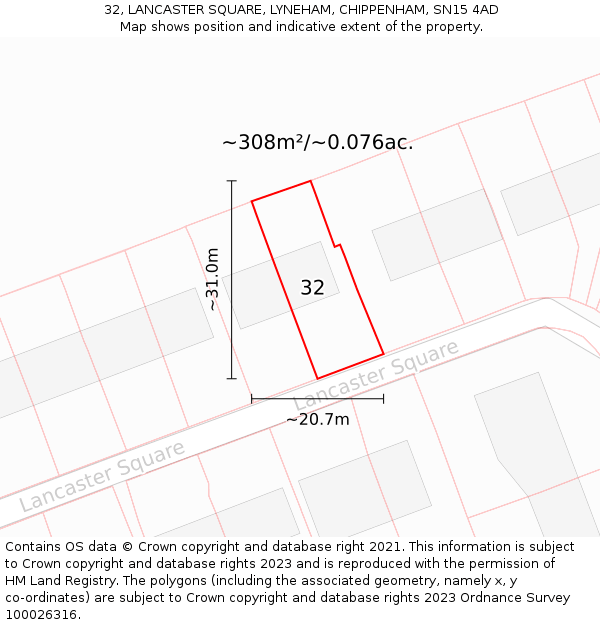 32, LANCASTER SQUARE, LYNEHAM, CHIPPENHAM, SN15 4AD: Plot and title map
