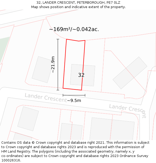 32, LANDER CRESCENT, PETERBOROUGH, PE7 0LZ: Plot and title map