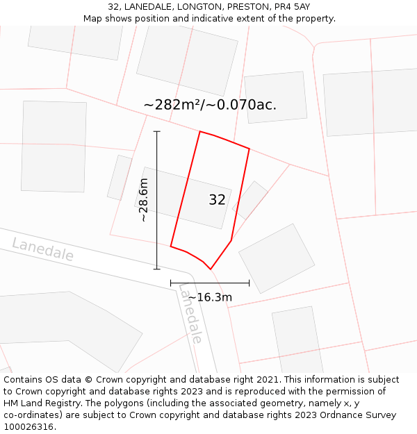 32, LANEDALE, LONGTON, PRESTON, PR4 5AY: Plot and title map