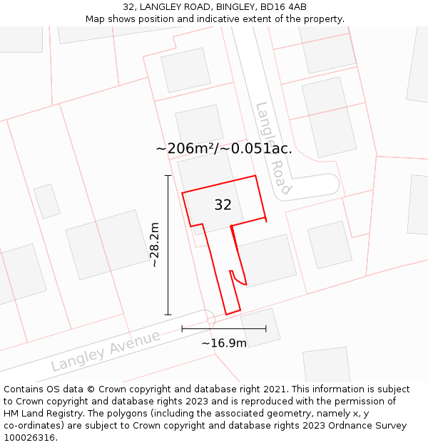 32, LANGLEY ROAD, BINGLEY, BD16 4AB: Plot and title map