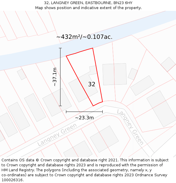 32, LANGNEY GREEN, EASTBOURNE, BN23 6HY: Plot and title map