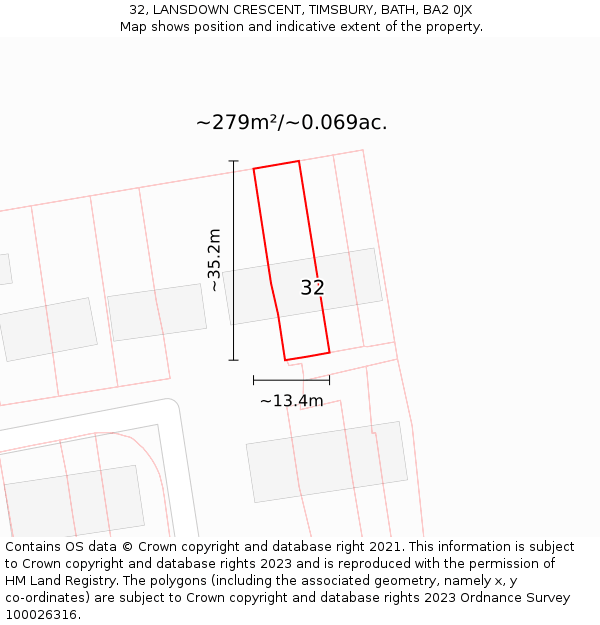 32, LANSDOWN CRESCENT, TIMSBURY, BATH, BA2 0JX: Plot and title map