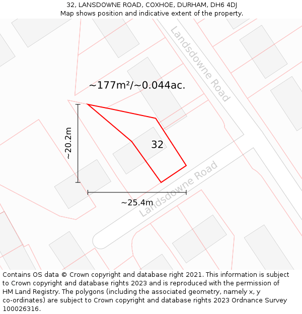 32, LANSDOWNE ROAD, COXHOE, DURHAM, DH6 4DJ: Plot and title map