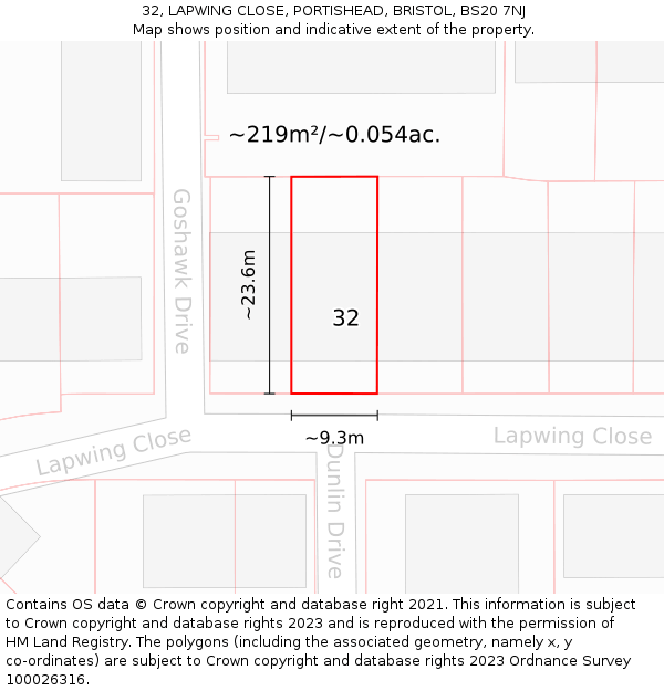 32, LAPWING CLOSE, PORTISHEAD, BRISTOL, BS20 7NJ: Plot and title map