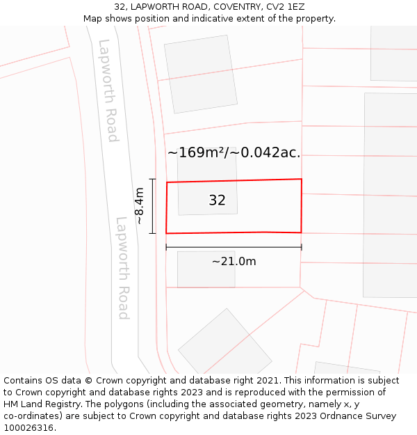 32, LAPWORTH ROAD, COVENTRY, CV2 1EZ: Plot and title map