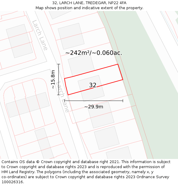 32, LARCH LANE, TREDEGAR, NP22 4FA: Plot and title map