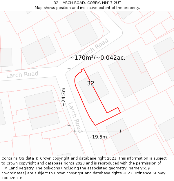 32, LARCH ROAD, CORBY, NN17 2UT: Plot and title map