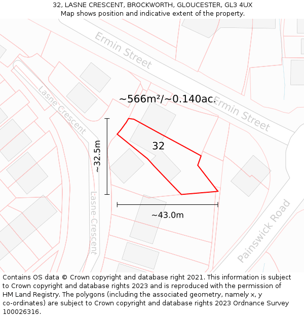 32, LASNE CRESCENT, BROCKWORTH, GLOUCESTER, GL3 4UX: Plot and title map
