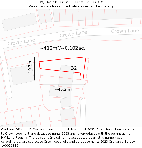 32, LAVENDER CLOSE, BROMLEY, BR2 9TG: Plot and title map