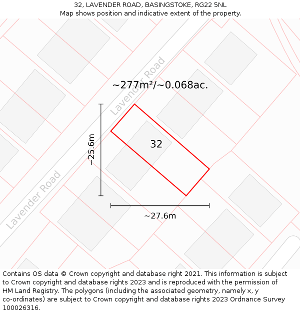 32, LAVENDER ROAD, BASINGSTOKE, RG22 5NL: Plot and title map