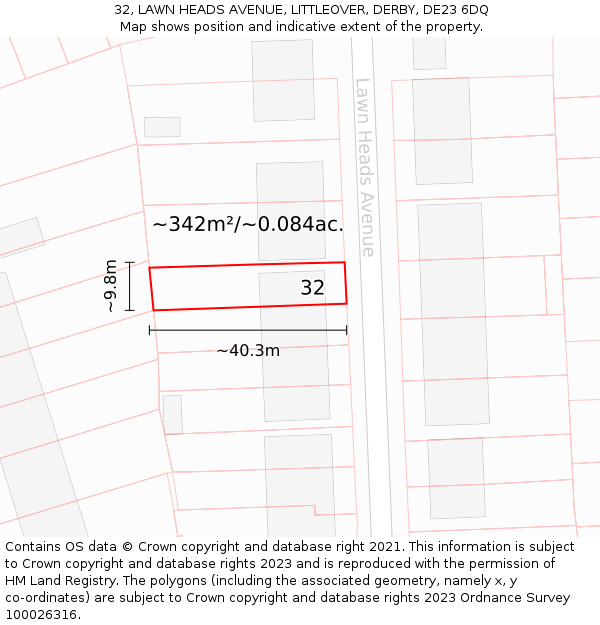 32, LAWN HEADS AVENUE, LITTLEOVER, DERBY, DE23 6DQ: Plot and title map