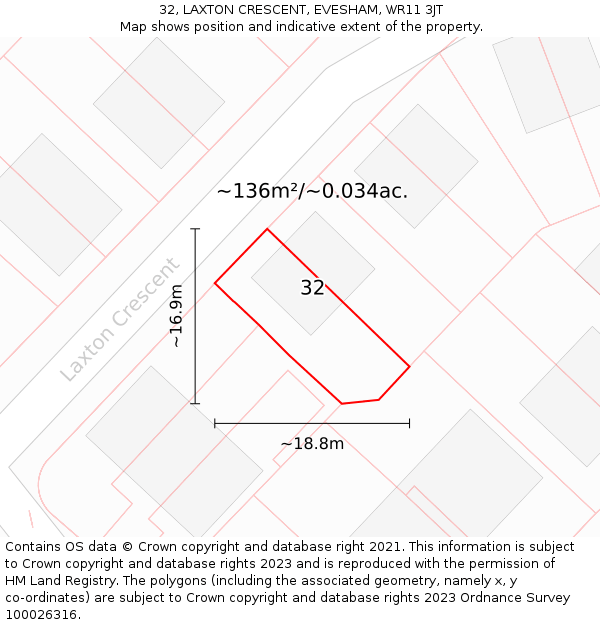 32, LAXTON CRESCENT, EVESHAM, WR11 3JT: Plot and title map
