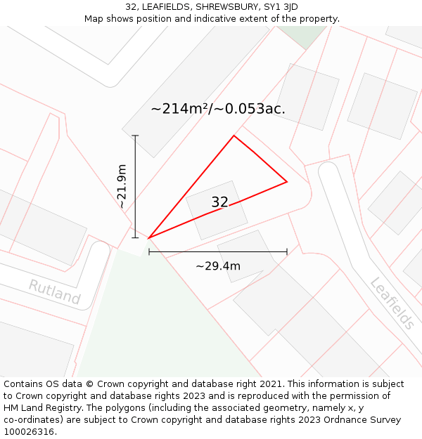 32, LEAFIELDS, SHREWSBURY, SY1 3JD: Plot and title map