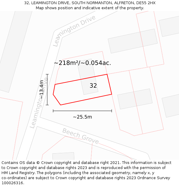 32, LEAMINGTON DRIVE, SOUTH NORMANTON, ALFRETON, DE55 2HX: Plot and title map