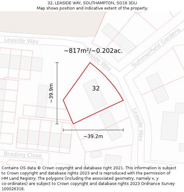 32, LEASIDE WAY, SOUTHAMPTON, SO16 3DU: Plot and title map