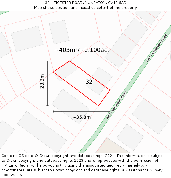 32, LEICESTER ROAD, NUNEATON, CV11 6AD: Plot and title map