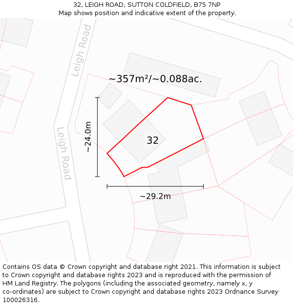 32, LEIGH ROAD, SUTTON COLDFIELD, B75 7NP: Plot and title map