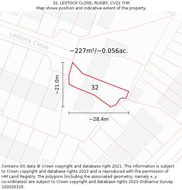32, LESTOCK CLOSE, RUGBY, CV22 7HR: Plot and title map