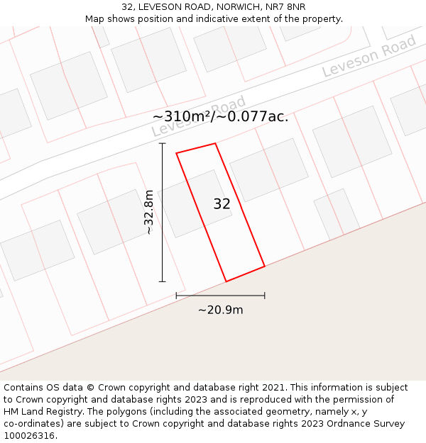 32, LEVESON ROAD, NORWICH, NR7 8NR: Plot and title map