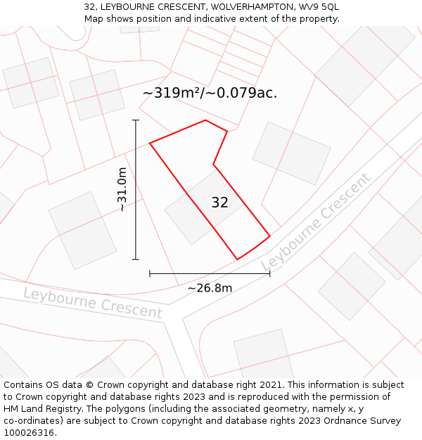 32, LEYBOURNE CRESCENT, WOLVERHAMPTON, WV9 5QL: Plot and title map