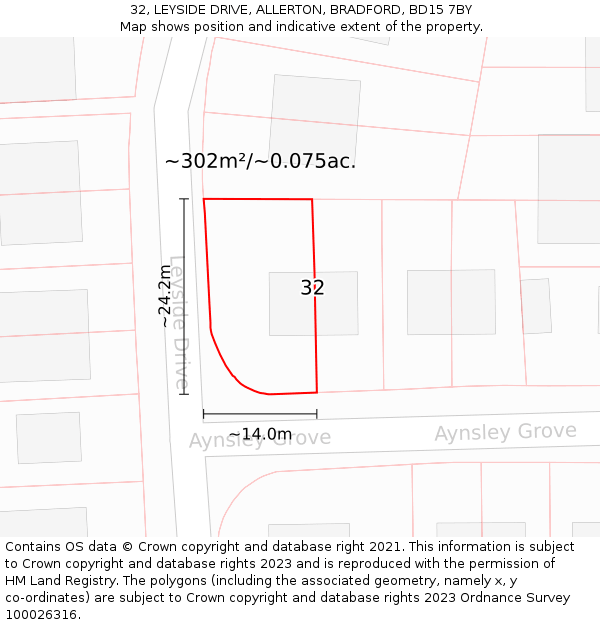 32, LEYSIDE DRIVE, ALLERTON, BRADFORD, BD15 7BY: Plot and title map
