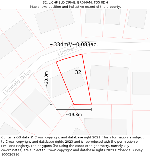 32, LICHFIELD DRIVE, BRIXHAM, TQ5 8DH: Plot and title map