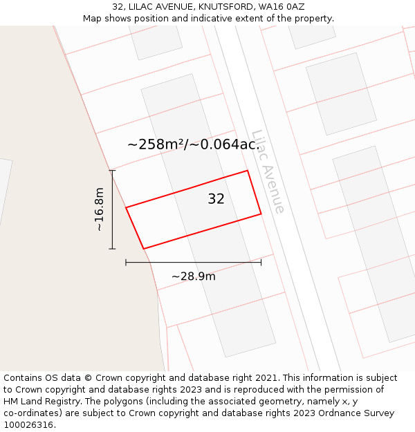 32, LILAC AVENUE, KNUTSFORD, WA16 0AZ: Plot and title map