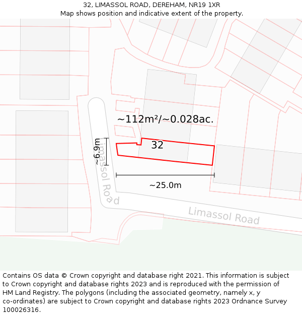 32, LIMASSOL ROAD, DEREHAM, NR19 1XR: Plot and title map
