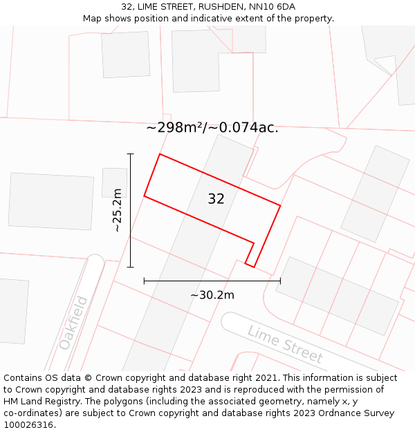 32, LIME STREET, RUSHDEN, NN10 6DA: Plot and title map