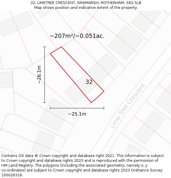 32, LIMETREE CRESCENT, RAWMARSH, ROTHERHAM, S62 5LB: Plot and title map