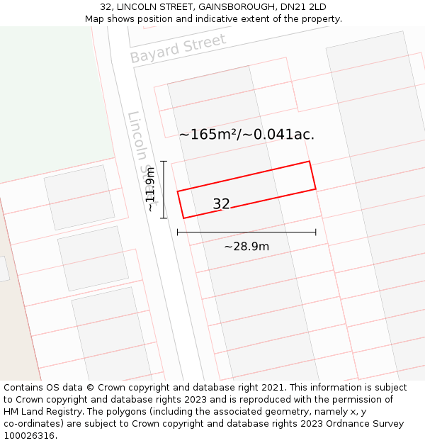 32, LINCOLN STREET, GAINSBOROUGH, DN21 2LD: Plot and title map