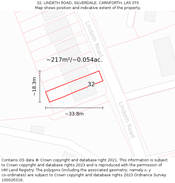 32, LINDETH ROAD, SILVERDALE, CARNFORTH, LA5 0TX: Plot and title map