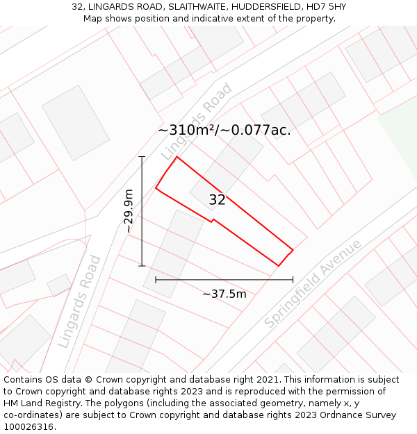32, LINGARDS ROAD, SLAITHWAITE, HUDDERSFIELD, HD7 5HY: Plot and title map