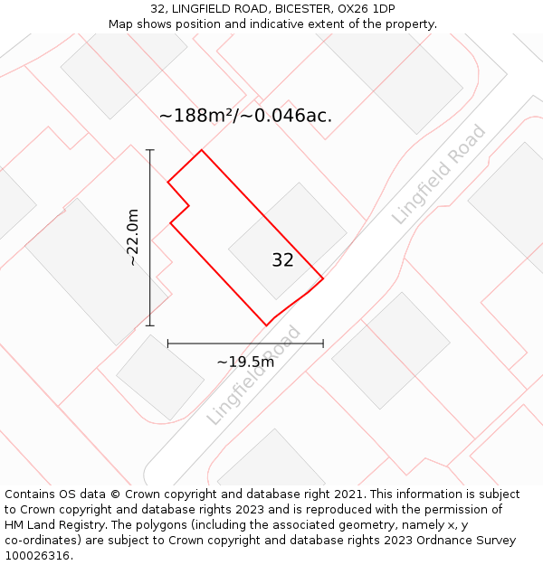 32, LINGFIELD ROAD, BICESTER, OX26 1DP: Plot and title map
