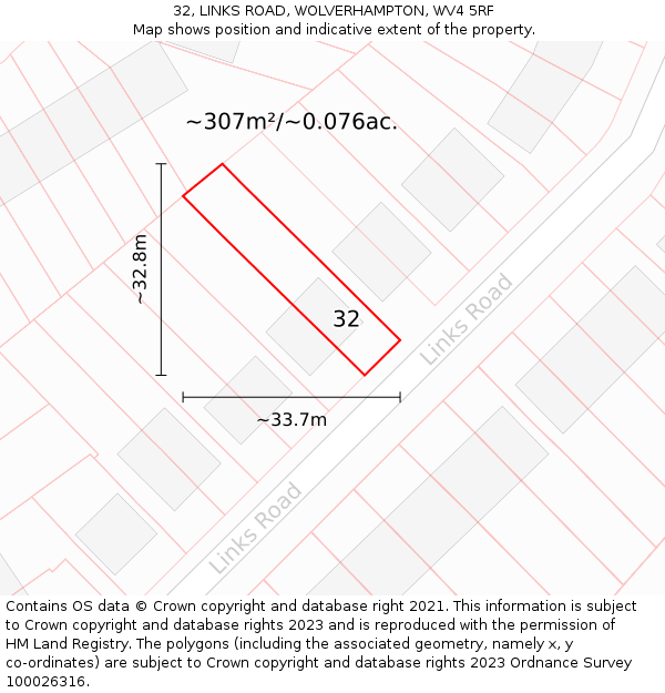 32, LINKS ROAD, WOLVERHAMPTON, WV4 5RF: Plot and title map