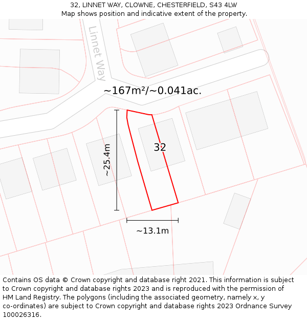 32, LINNET WAY, CLOWNE, CHESTERFIELD, S43 4LW: Plot and title map