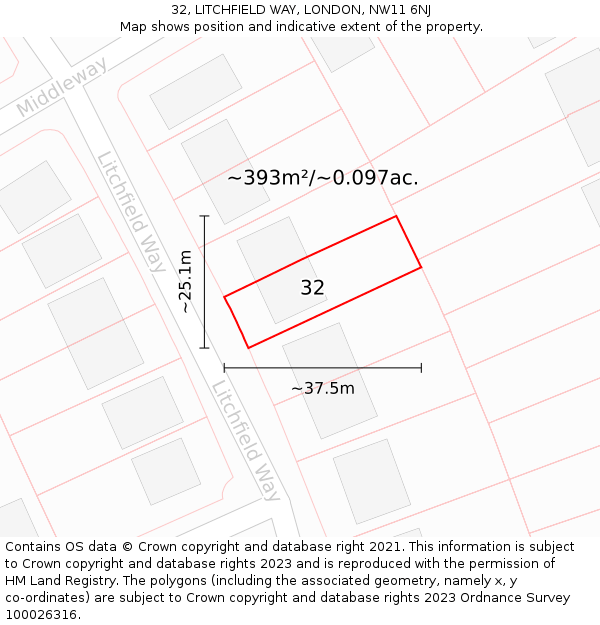 32, LITCHFIELD WAY, LONDON, NW11 6NJ: Plot and title map