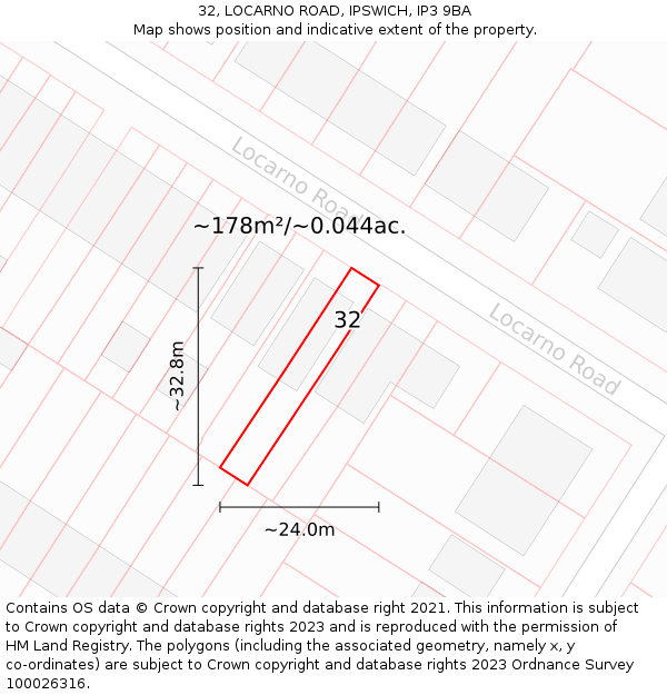 32, LOCARNO ROAD, IPSWICH, IP3 9BA: Plot and title map