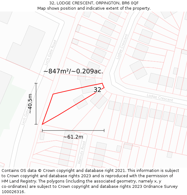 32, LODGE CRESCENT, ORPINGTON, BR6 0QF: Plot and title map