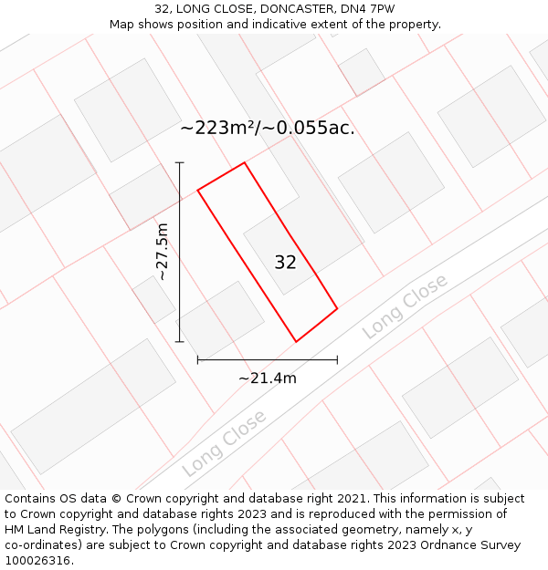 32, LONG CLOSE, DONCASTER, DN4 7PW: Plot and title map