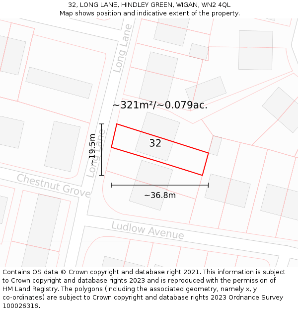 32, LONG LANE, HINDLEY GREEN, WIGAN, WN2 4QL: Plot and title map